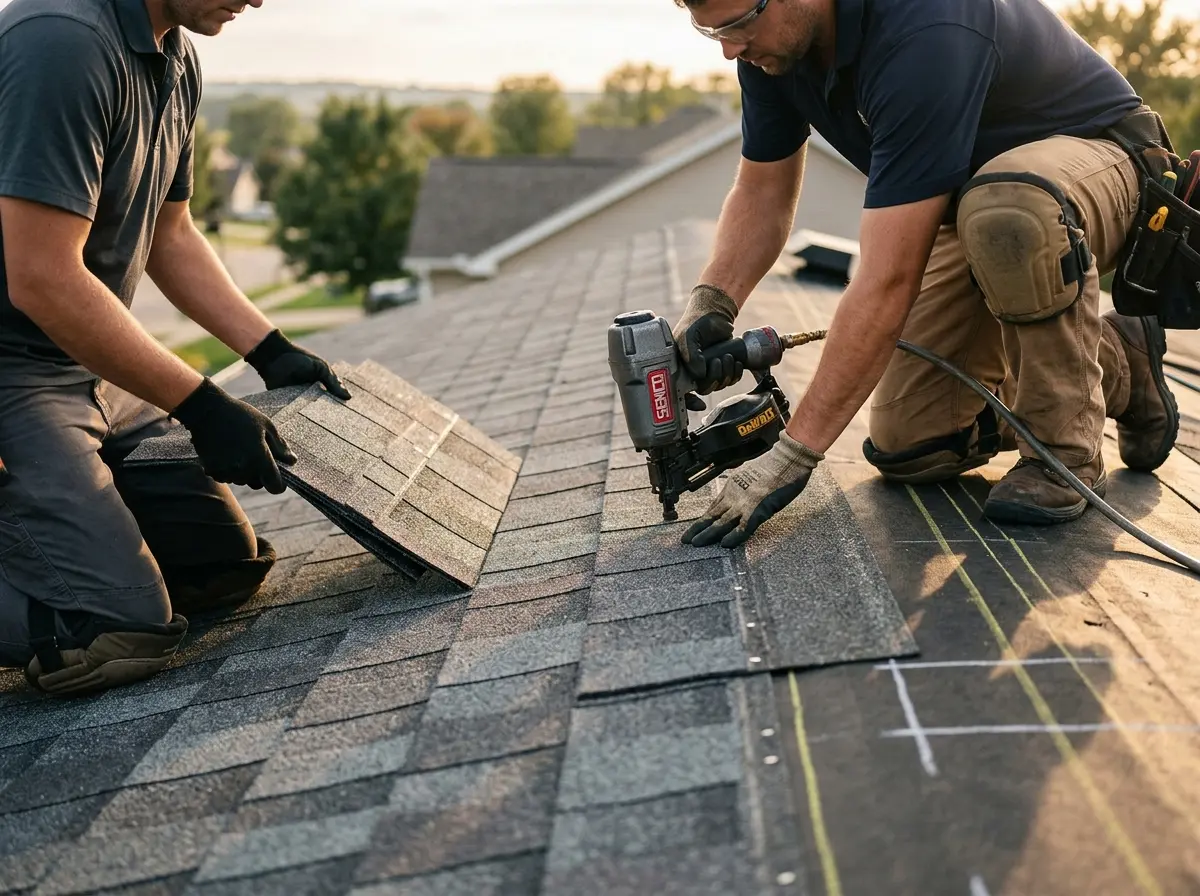 Professional roofer working on a residential roof in Antrim